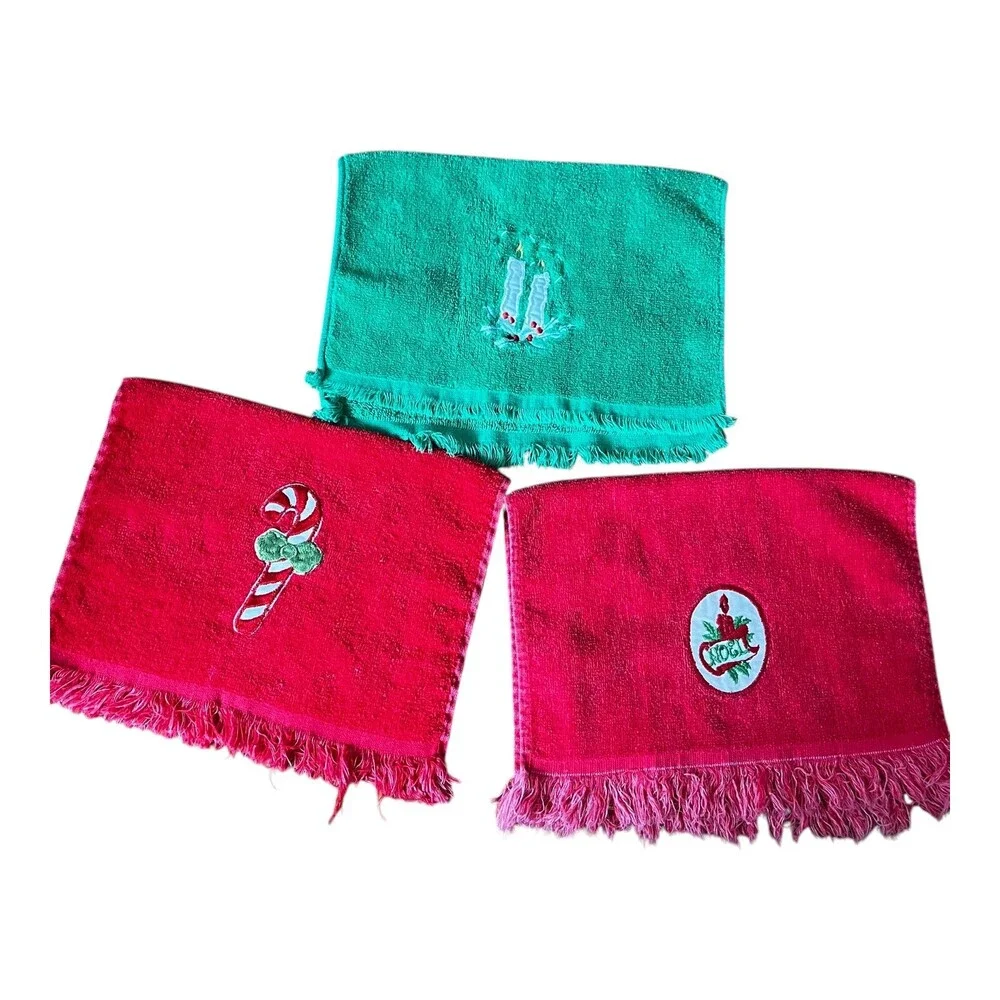 Lot Of 3 VTG Martex Cannon Xmas Red Green Fingertip Bathroom Cotton Hand Towels